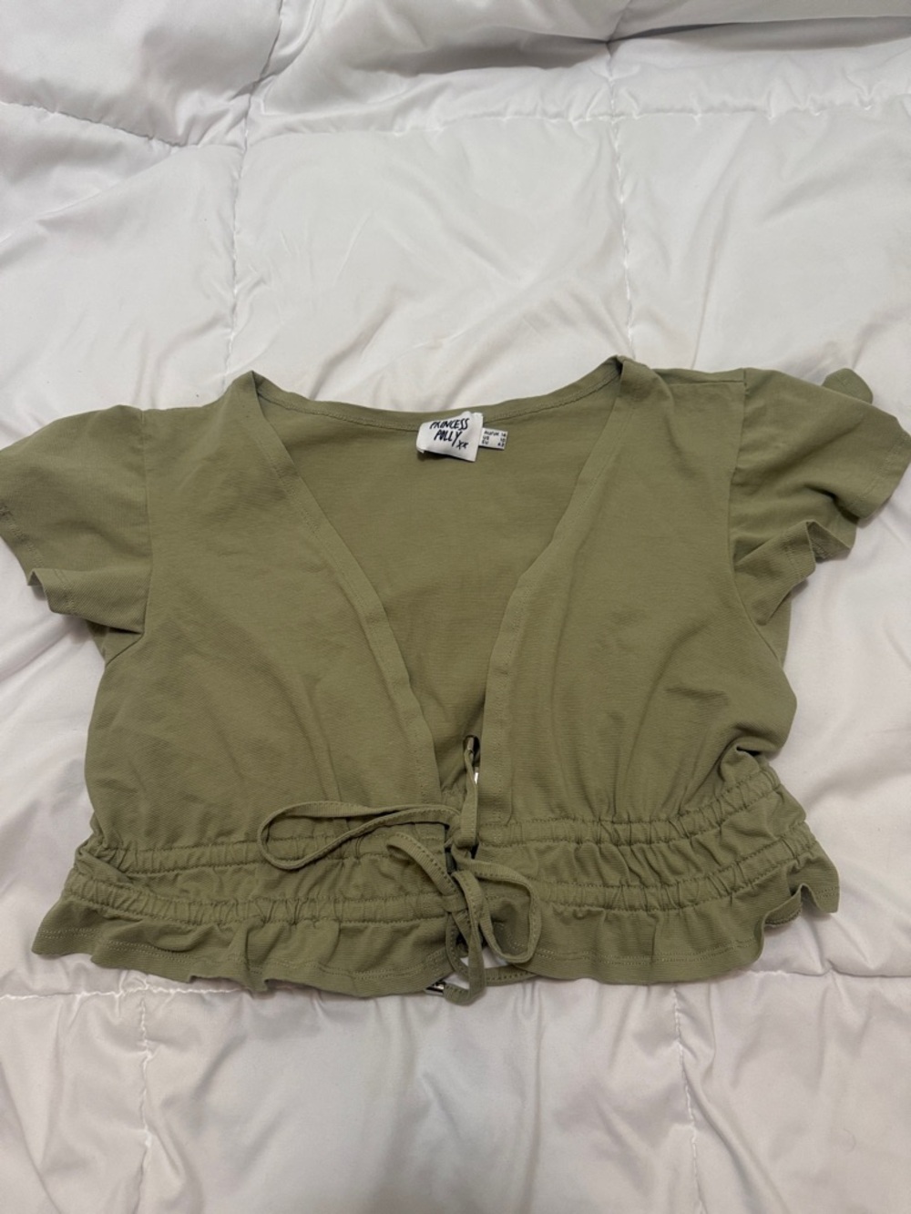 Princess Polly Olive Green Tie-Front Ruffle Hem Crop Top
